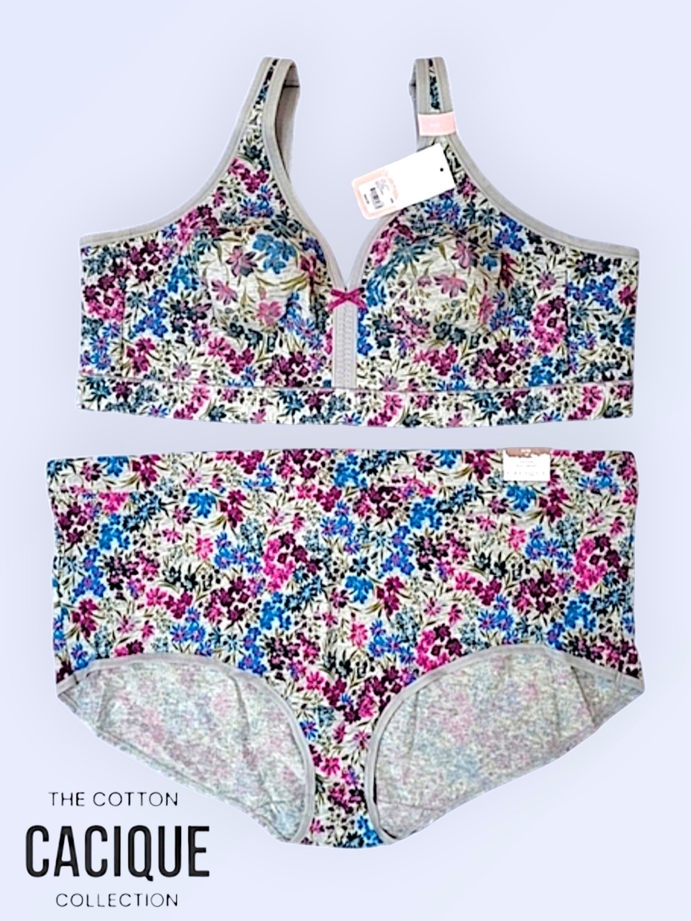 Cacique Blue and White Floral Lingerie Set 44D Bra - 22/24 Brief
